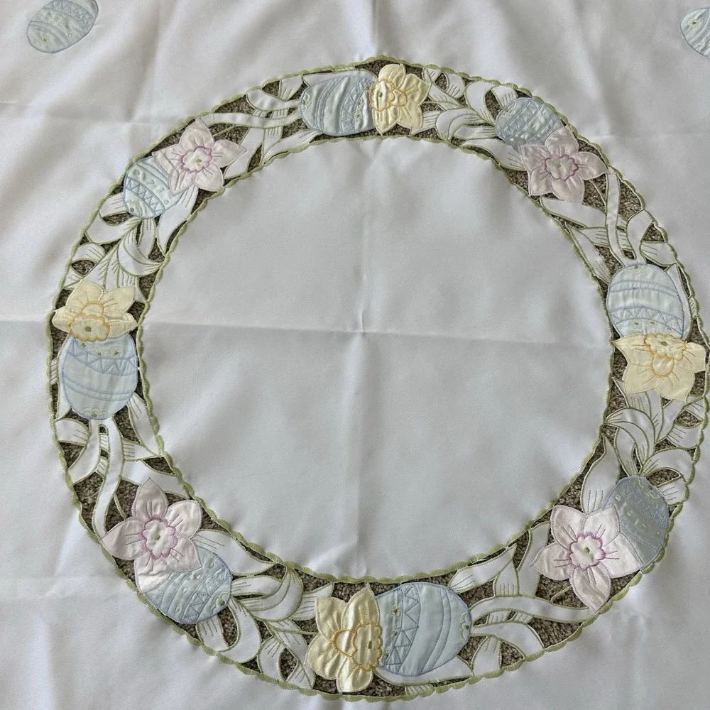 Domestications Easter Cutwork Embroidered Pastel Tablecloth Square Satin 34